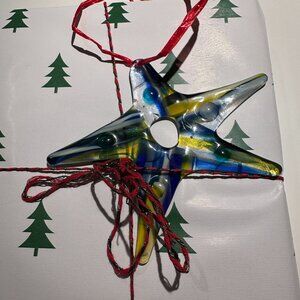 #5112 BLUE TRANS W/ DOTS  5 POINT STAR ORNEMENT   APX. 5 1/2” X 5 1/2”